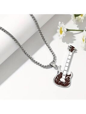 Coffee Brown Flaming Guitar with White Neck Rocker Necklace and Pendant 1559